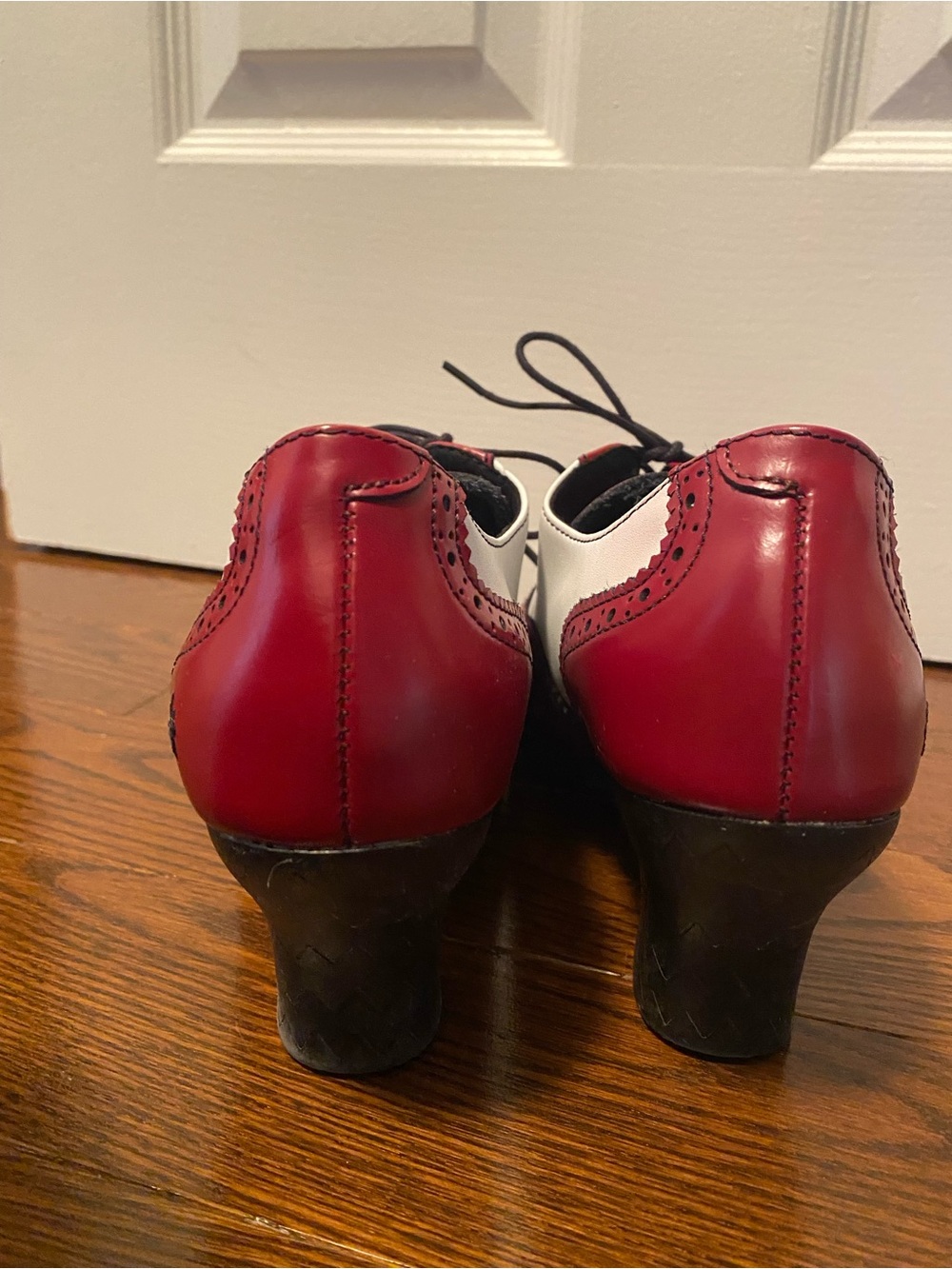 Two-Tone Red and White Lace-Up Women’s Heel - Picture 4 of 5